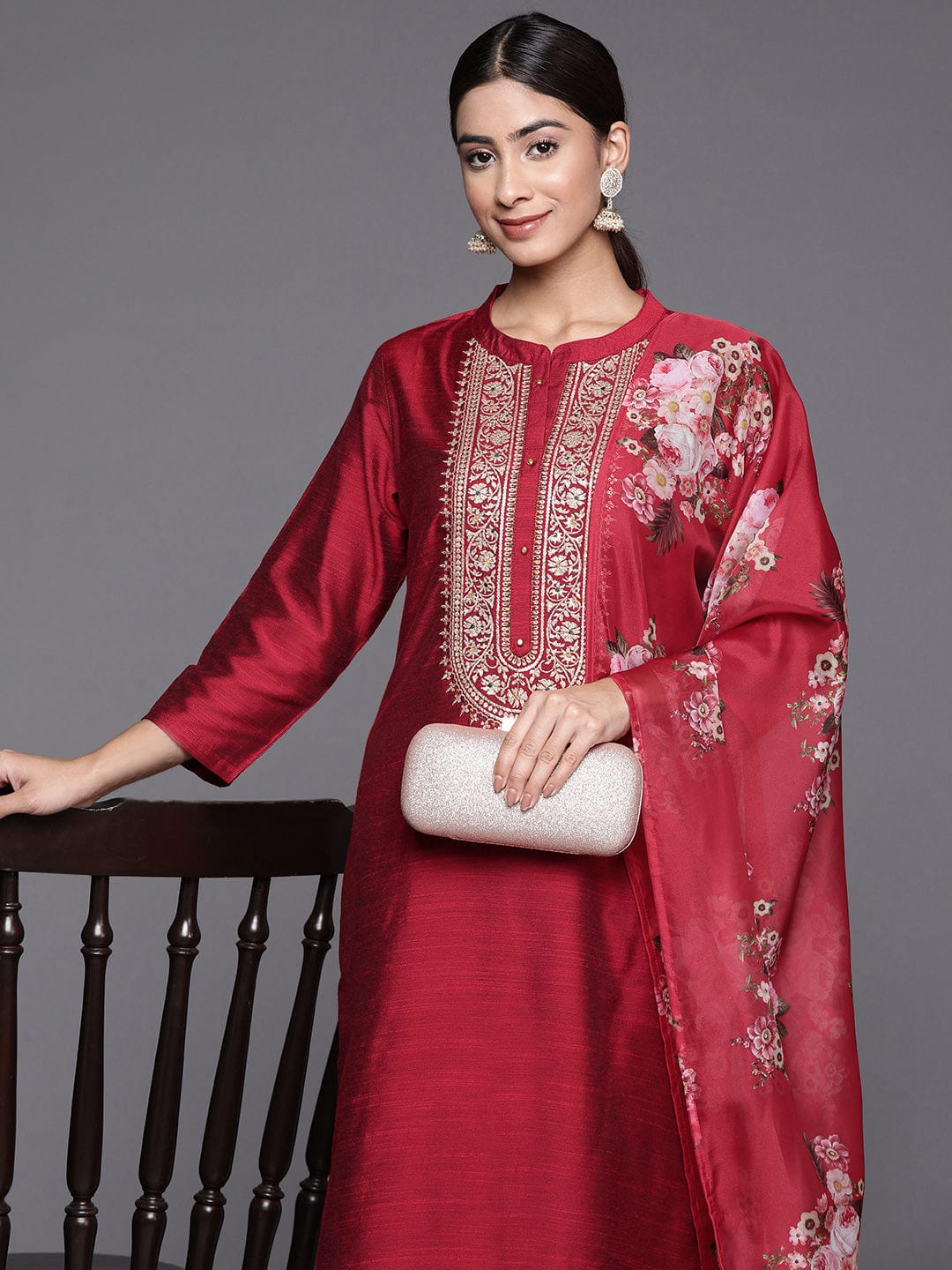 Red Embroidered Straight Kurta Paired With Tonal Bottom And Dupatta