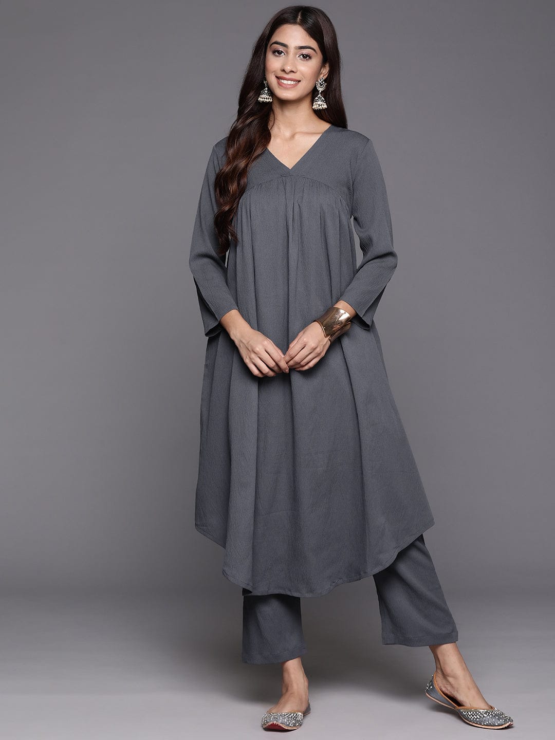 Grey Empire Gathered Details A-Line Kurta Paired With Tonal Bottom