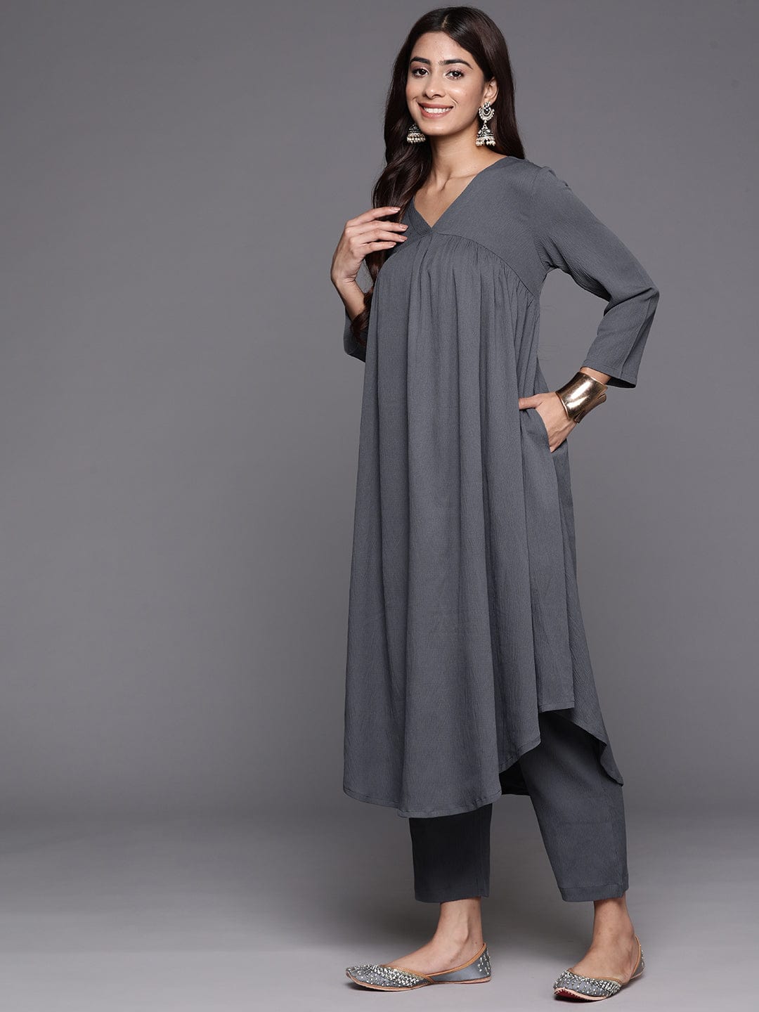 Grey Empire Gathered Details A-Line Kurta Paired With Tonal Bottom