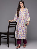 Off White Ikat Printed Shirt Collar Straight Kurta Paired With Violet Solid Bottom.