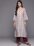 Off White Ikat Printed Shirt Collar Straight Kurta Paired With Violet Solid Bottom.