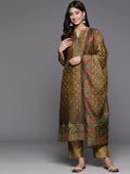 Olive Abstract Printed Straight Kurta Paired With Solid Bottom And Printed Dupatta
