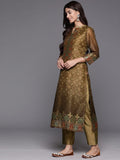 Olive Abstract Printed Straight Kurta Paired With Solid Bottom And Printed Dupatta