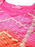 Pink & Orange Bandhani Printed Round Neck Embroidered Yoke Straight Kurta Paired With Tonal Bottom And Dupatta