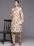 Beige Geometrical Printed Straight Kurta With Bishop Sleeves Paired With Tonal Printed Dhoti Style Bottom