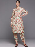 Beige Geometrical Printed Straight Kurta With Bishop Sleeves Paired With Tonal Printed Dhoti Style Bottom
