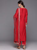 Red Yoke Embroidered Straight Kurta Paired With Tonal Bottom And Net Dupatta With Four Side Embroidered Taping