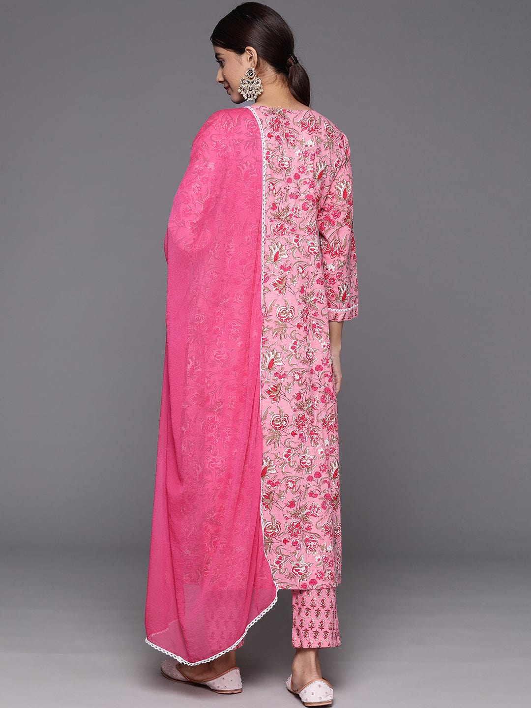 Pink Floral Printed A-Line Kurta With Side Slits Paired With Tonal Bottom And Dupatta