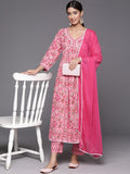 Pink Floral Printed A-Line Kurta With Side Slits Paired With Tonal Bottom And Dupatta