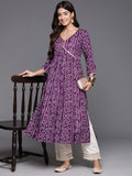 Purple Bandhani Print V-Neck With Sequin Lace Detail A Line Kurta