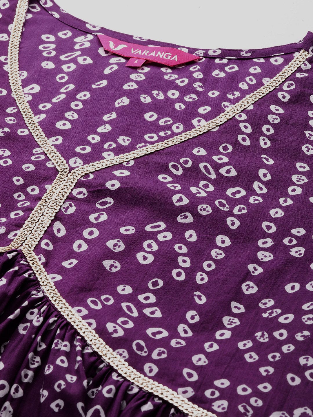 Purple Bandhani Print V-Neck With Sequin Lace Detail A Line Kurta