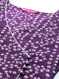 Varanga Purple V-Neck Bandhani Print With Piping Detail, Angrakha Style Anarkali Kurta