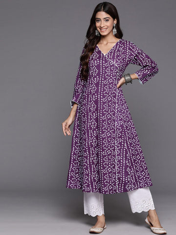 Varanga Purple V-Neck Bandhani Print With Piping Detail, Angrakha Style Anarkali Kurta