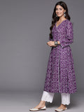 Varanga Purple V-Neck Bandhani Print With Piping Detail, Angrakha Style Anarkali Kurta