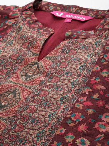 Varanga Brown Printed Straight Kurta Paired With Solid Bottom And Printed Dupatta