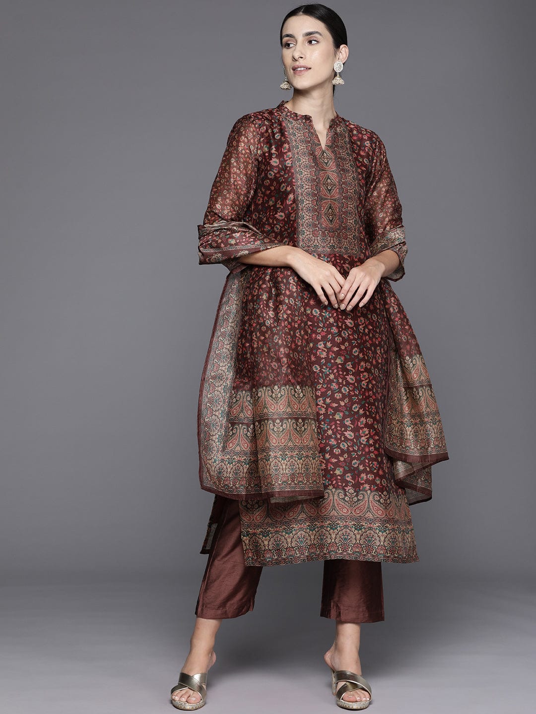 Varanga Brown Printed Straight Kurta Paired With Solid Bottom And Printed Dupatta