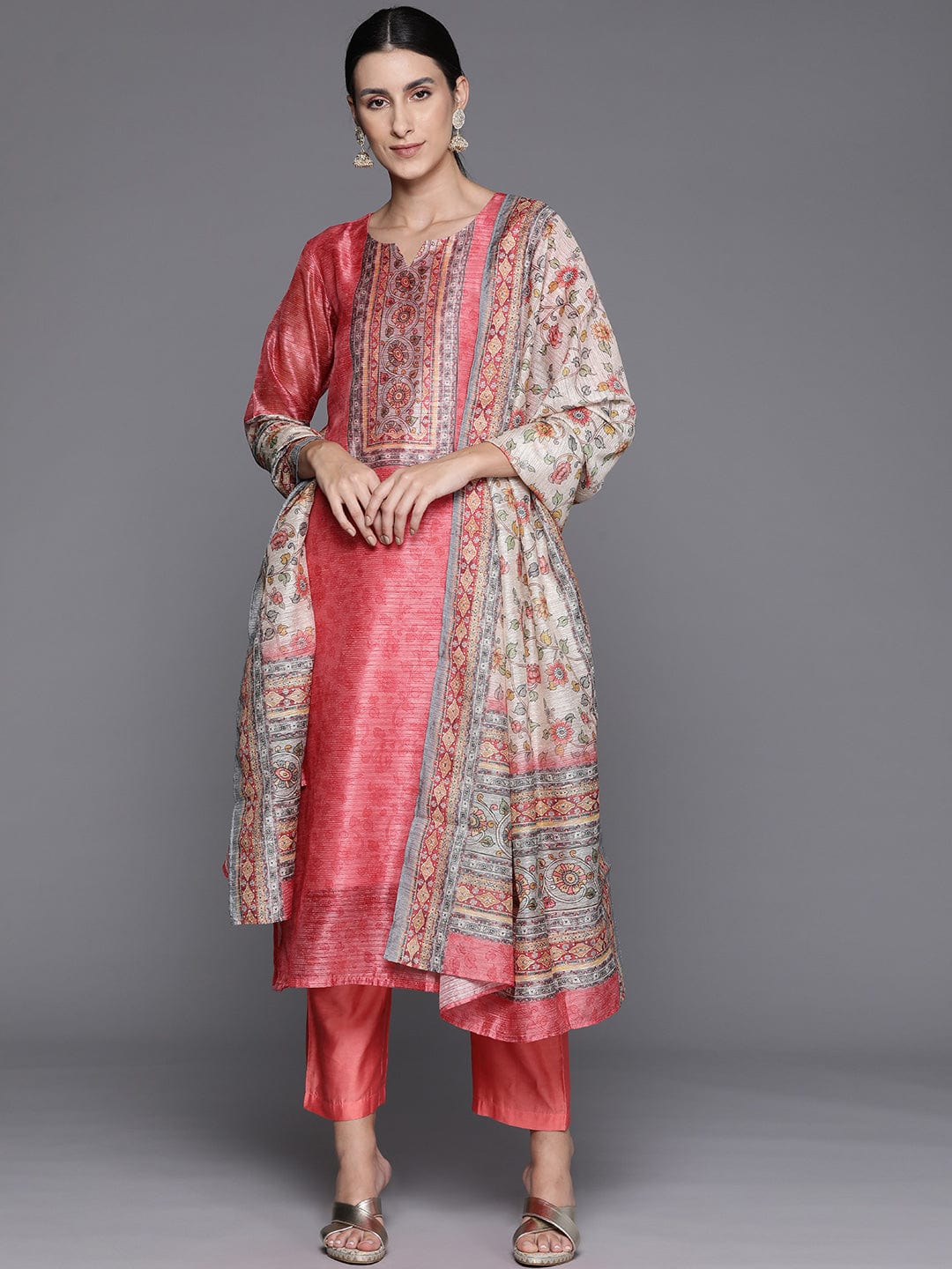 Pink Floral Printed Straight Kurta Paired With Tonal Bottom And Contrast Dupatta