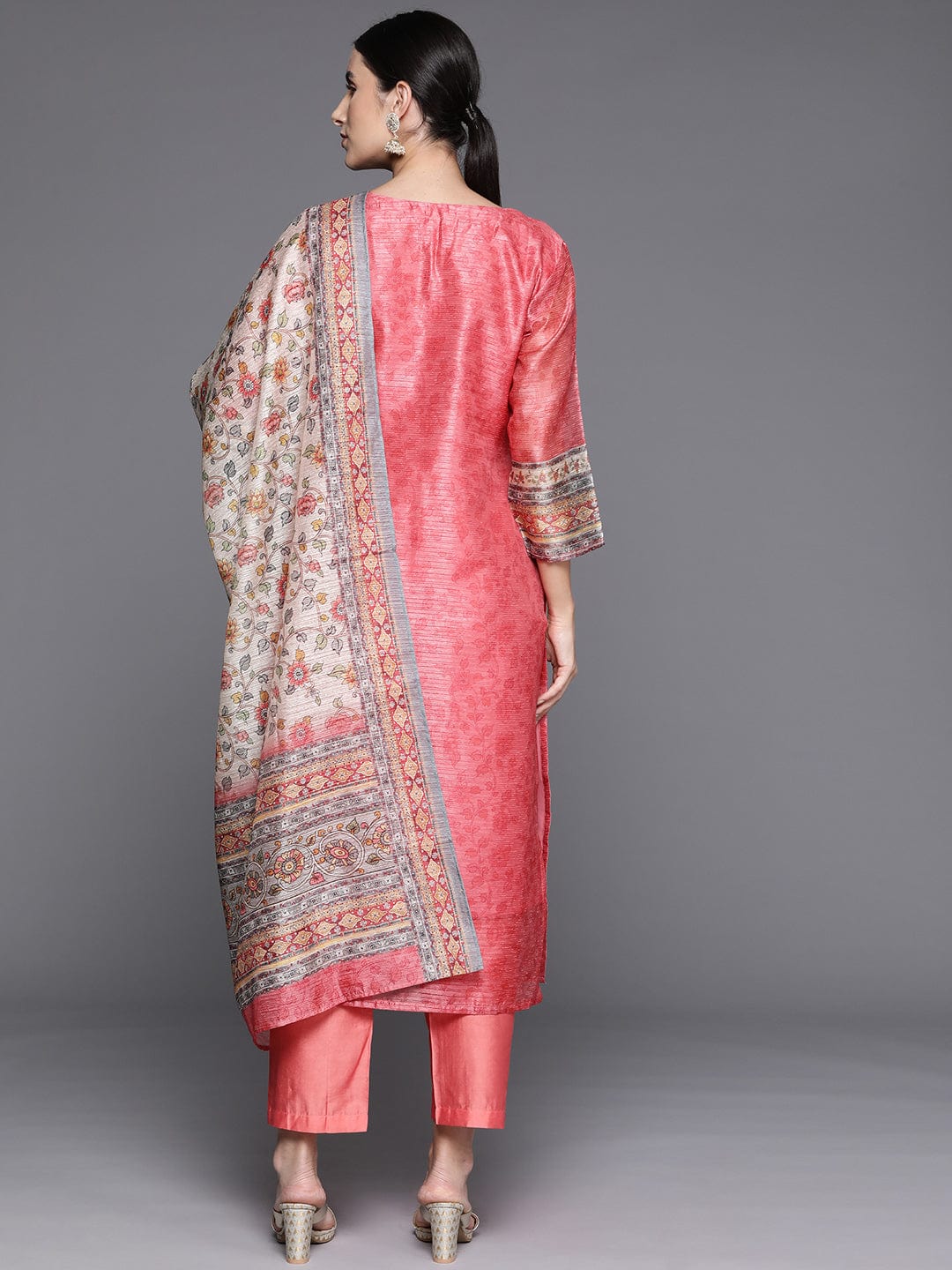 Pink Floral Printed Straight Kurta Paired With Tonal Bottom And Contrast Dupatta