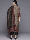 Beige Printed Straight Kurta Paired With Solid Bottom And Printed Dupatta