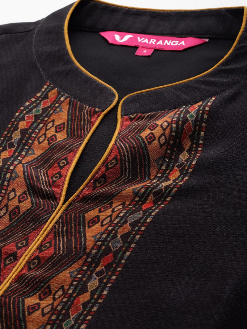 Black Printed Straight Kurta Paired With Solid Bottom And Printed Dupatta