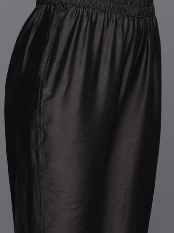 Black Printed Straight Kurta Paired With Solid Bottom And Printed Dupatta