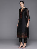 Black Printed Straight Kurta Paired With Solid Bottom And Printed Dupatta