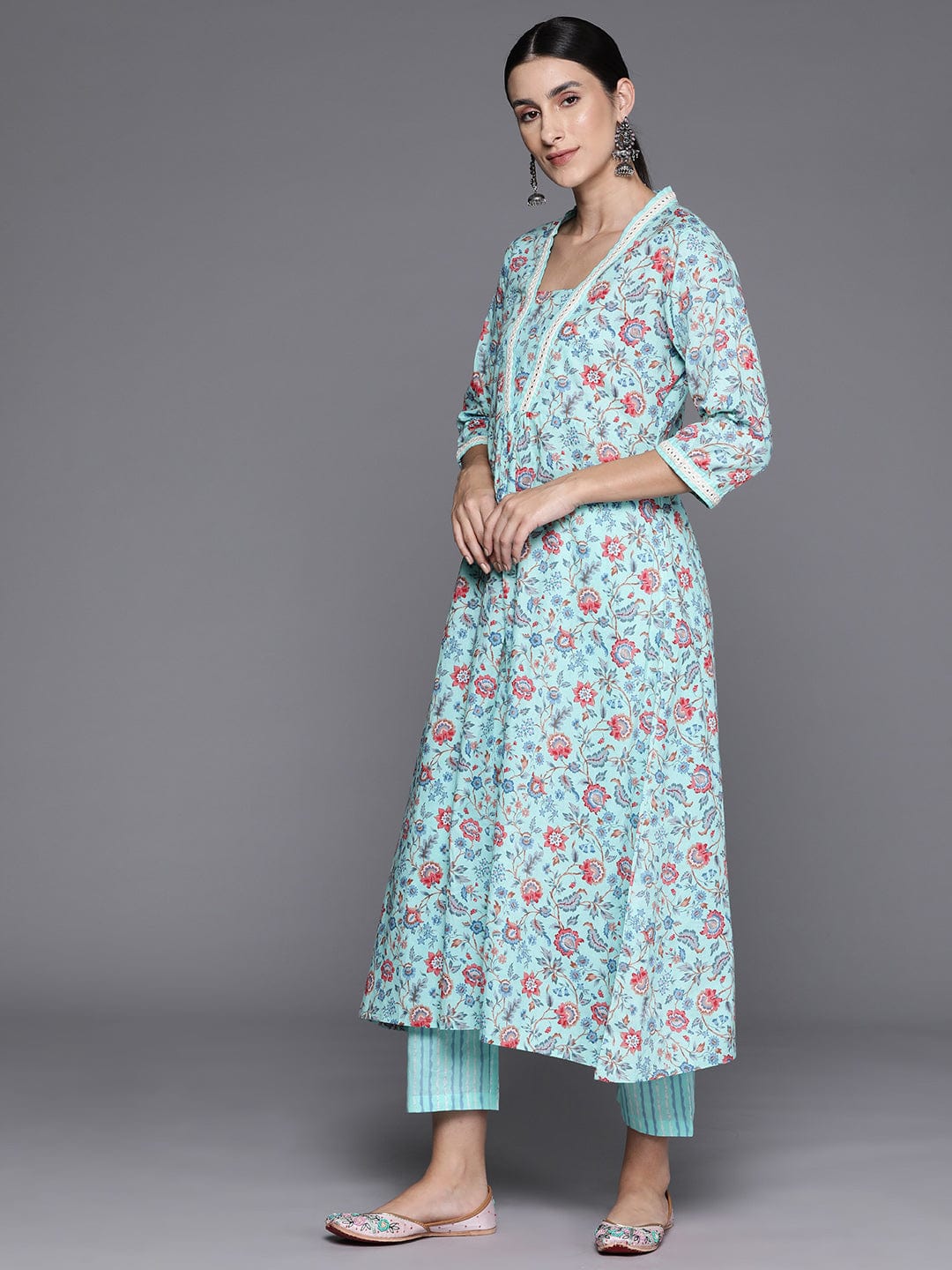 Blue Floral Printed A-Line Kurta With Three Quarter Sleeves Paired With Printed Bottom And Solid Chiffon Dupatta