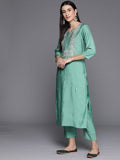 Sea Green Embroidered Straight Kurta Paired With Tonal Bottom And Net Dupatta