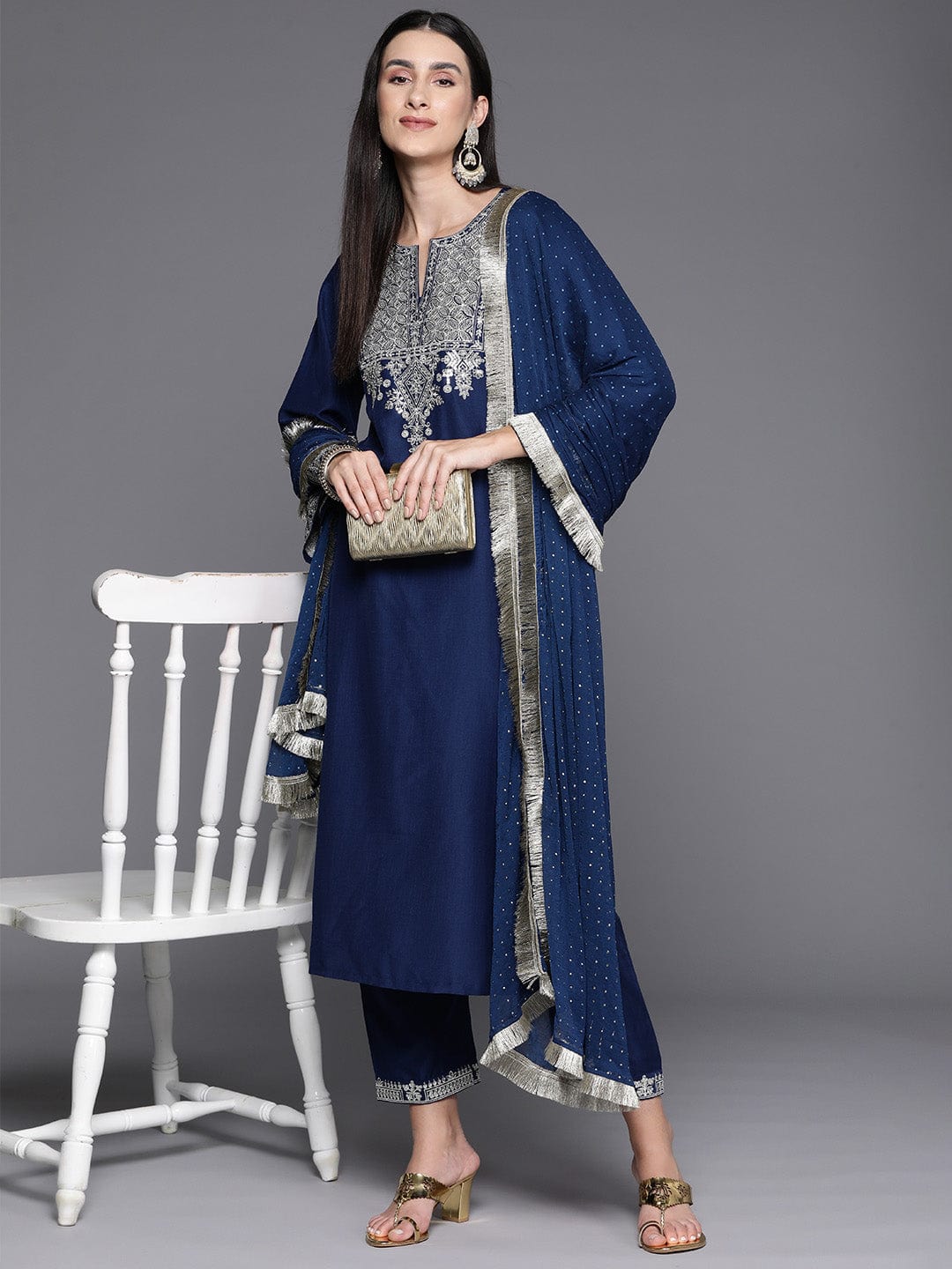 Blue Embroidered Straight Kurta Paired With Tonal Bottom And Dupatta