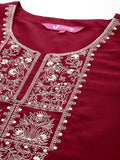 Maroon Embroidered Straight Kurta Paired With Tonal Bottom And Dupatta