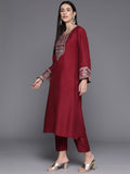 Maroon Embroidered Straight Kurta Paired With Tonal Bottom And Dupatta