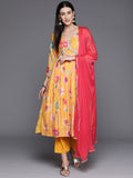 Mustard Floral Printed A-Line Kurta With Side Slits Paired With Tonal Bottom And Dupatta With Four Sided Fringes