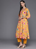 Mustard Floral Printed A-Line Kurta With Side Slits Paired With Tonal Bottom And Dupatta With Four Sided Fringes