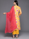 Mustard Floral Printed A-Line Kurta With Side Slits Paired With Tonal Bottom And Dupatta With Four Sided Fringes