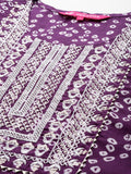 Purple Bandhani Print Round Neck Embroidered Yoke Straight Kurta