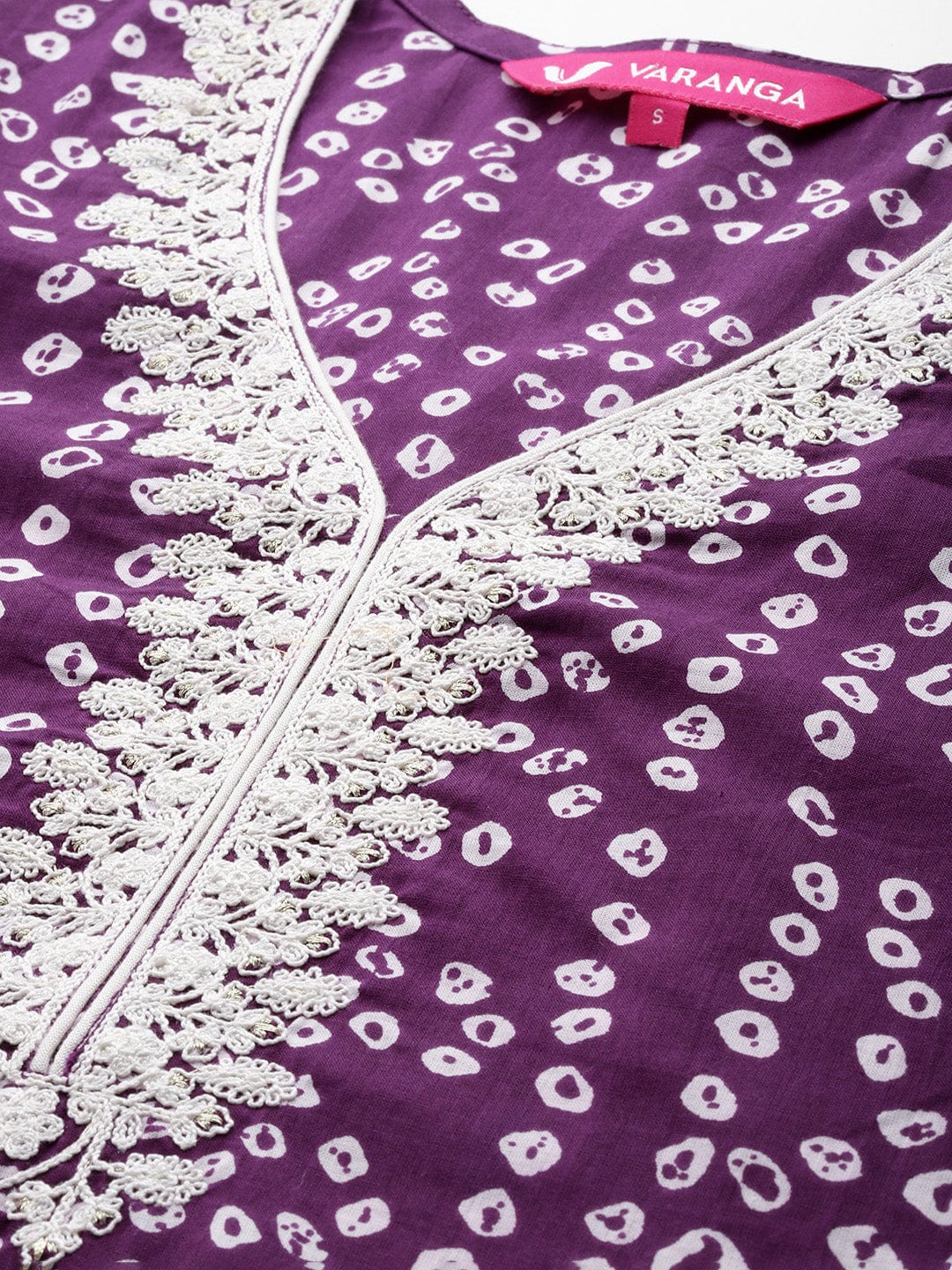 Purple Bandhani Print V Neck Embroidered Placket Straight Kurta