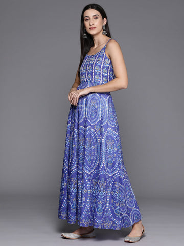 Blue Floral Printed Round Neck Anarkali Kurta With Blue Solid Dupatta Vkur1248 Vardup1591