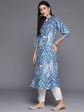 Blue & White Abstract Printed A-Line Kurta With Bishop Sleeves