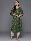 Varanga Women Green Cotton Floral Printed Straight Kurta