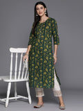 Varanga Women Green Cotton Floral Printed Straight Kurta