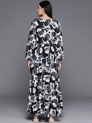 Black Floral Printed Angrakha Style Anarkali Kurta