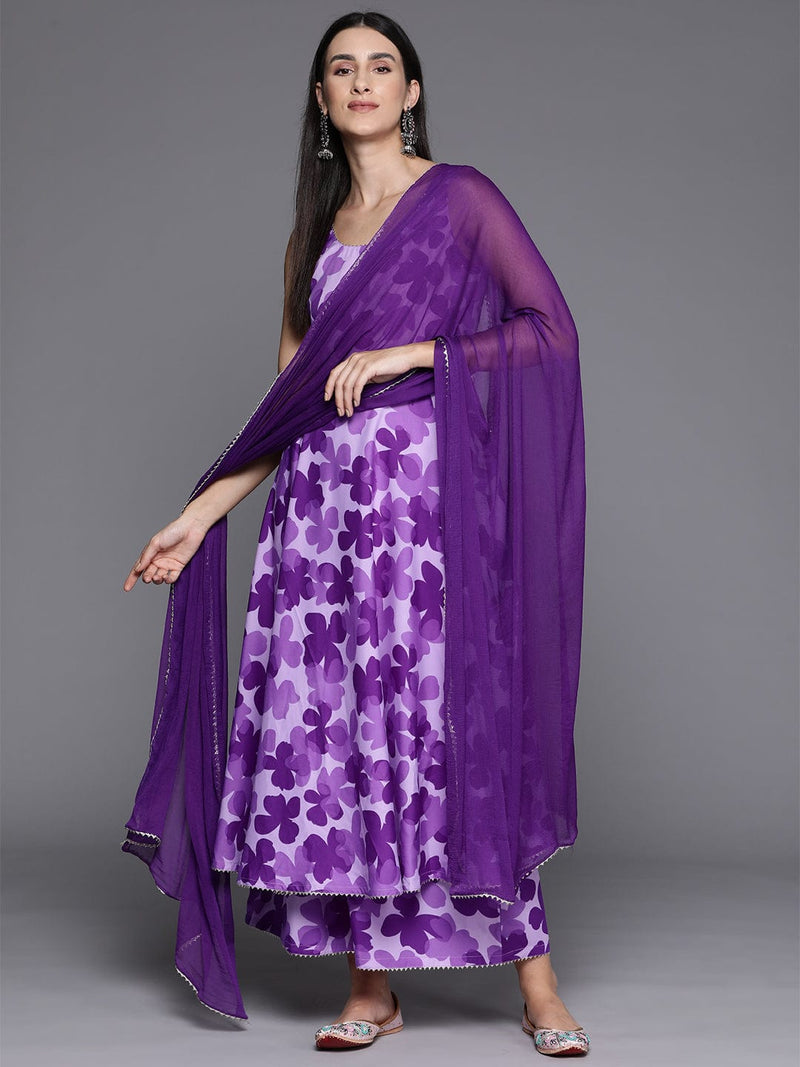 Purple Floral Printed Anarkali Kurta Paired With Tonal Printed Bottom And Dupatta