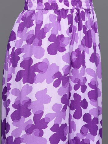 Purple Floral Printed Anarkali Kurta Paired With Tonal Printed Bottom And Dupatta