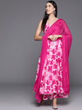 Pink Floral Printed Anarkali Kurtapaired With Tonal Printed Bottom And Dupatta