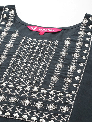 Grey Round Neck Embroidered Yoke Straight Kurta With Side Slits