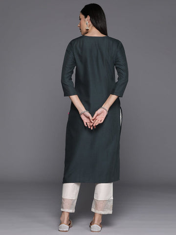 Grey Round Neck Embroidered Yoke Straight Kurta With Side Slits