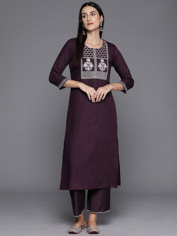 Burgundy Round Neck Embroidered Yoke Straight Kurta