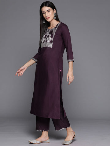Burgundy Round Neck Embroidered Yoke Straight Kurta