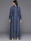 Navy Blue Printed Mandarin Collar With Placket Straight Kurta With Side Slits Paired With Tonal Printed Bottom.