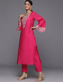 Pink Embroidered Straight Kurta Paired With Tonal Bottom And Printed Dupatta